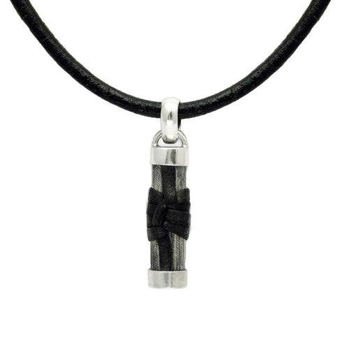 Inai longer silver pillar style pendant with leather detail on leather thong IN43L - Annika Rutlin