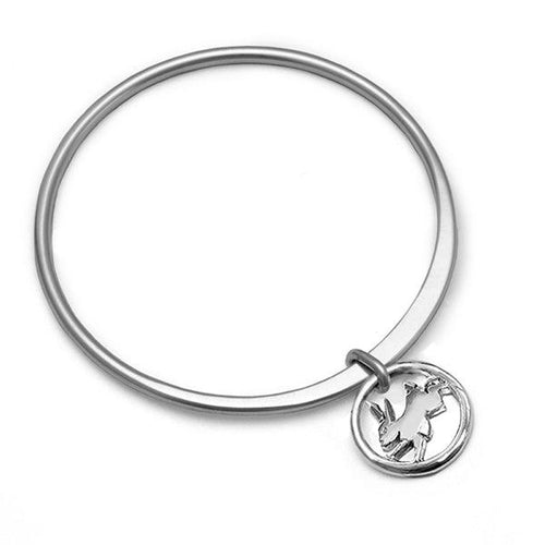 Gorgeous solid silver forged bangle with rabbit disc charm