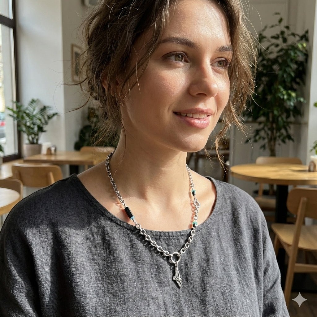 Raven hematite and apatite chain hanging bird necklace RN76 - Annika Rutlin