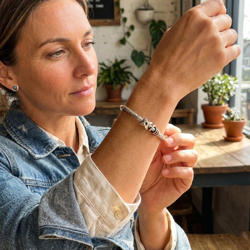 Raven heavyweight forged silver bangle with star and 9ct red gold detail RB56 - Annika Rutlin