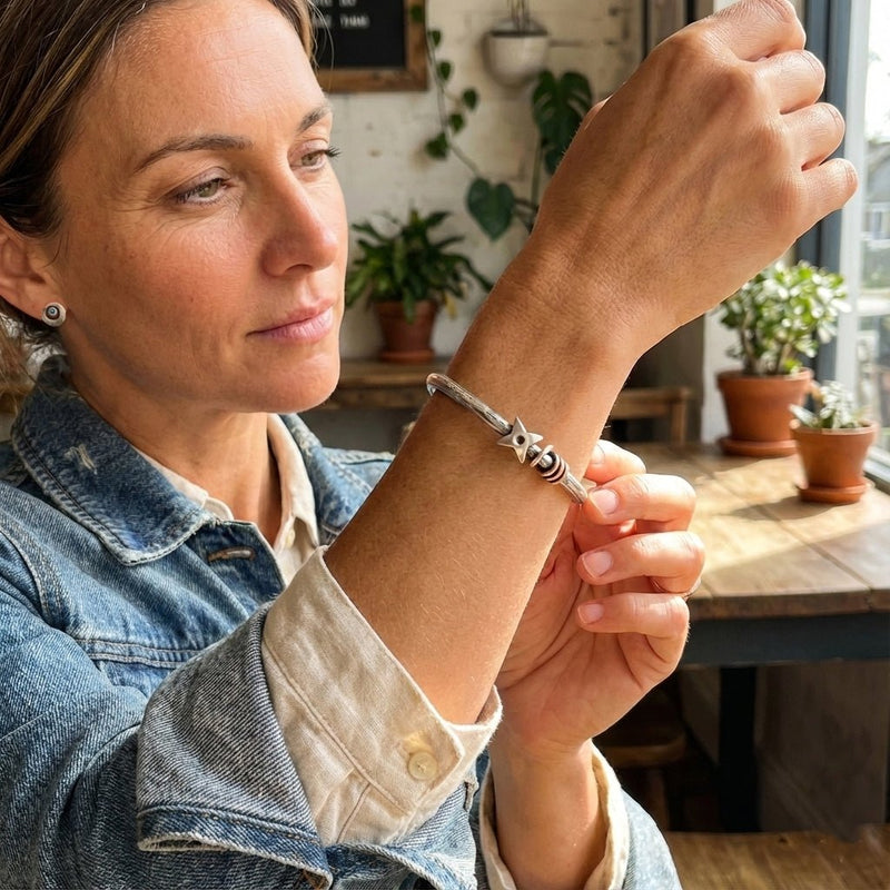 Raven heavyweight forged silver bangle with star and 9ct red gold detail RB56 - Annika Rutlin