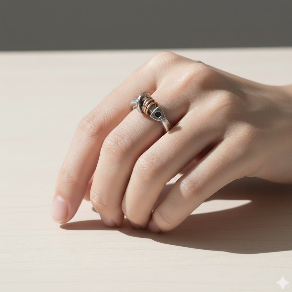 Raven Trillion Spinner Ring – Forged Silver and 9ct Red Gold RR01 - Annika Rutlin