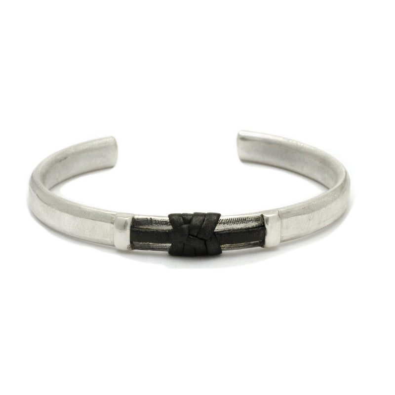 Inai heavy solid silver cuff bangle with leather knot IAB62C - Annika Rutlin