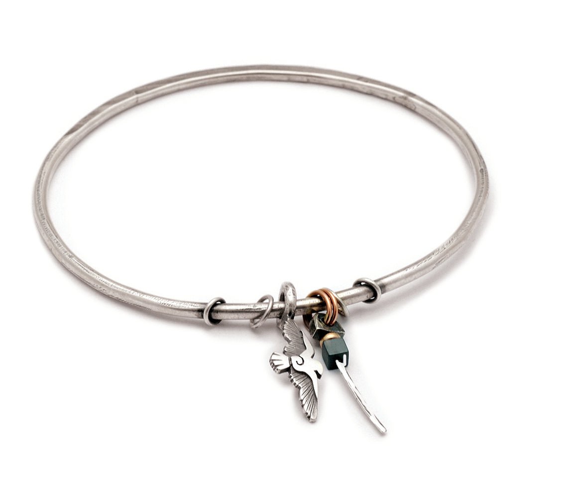 Raven hematite bead gemset dangling cluster silver bangle RB52 - Annika Rutlin