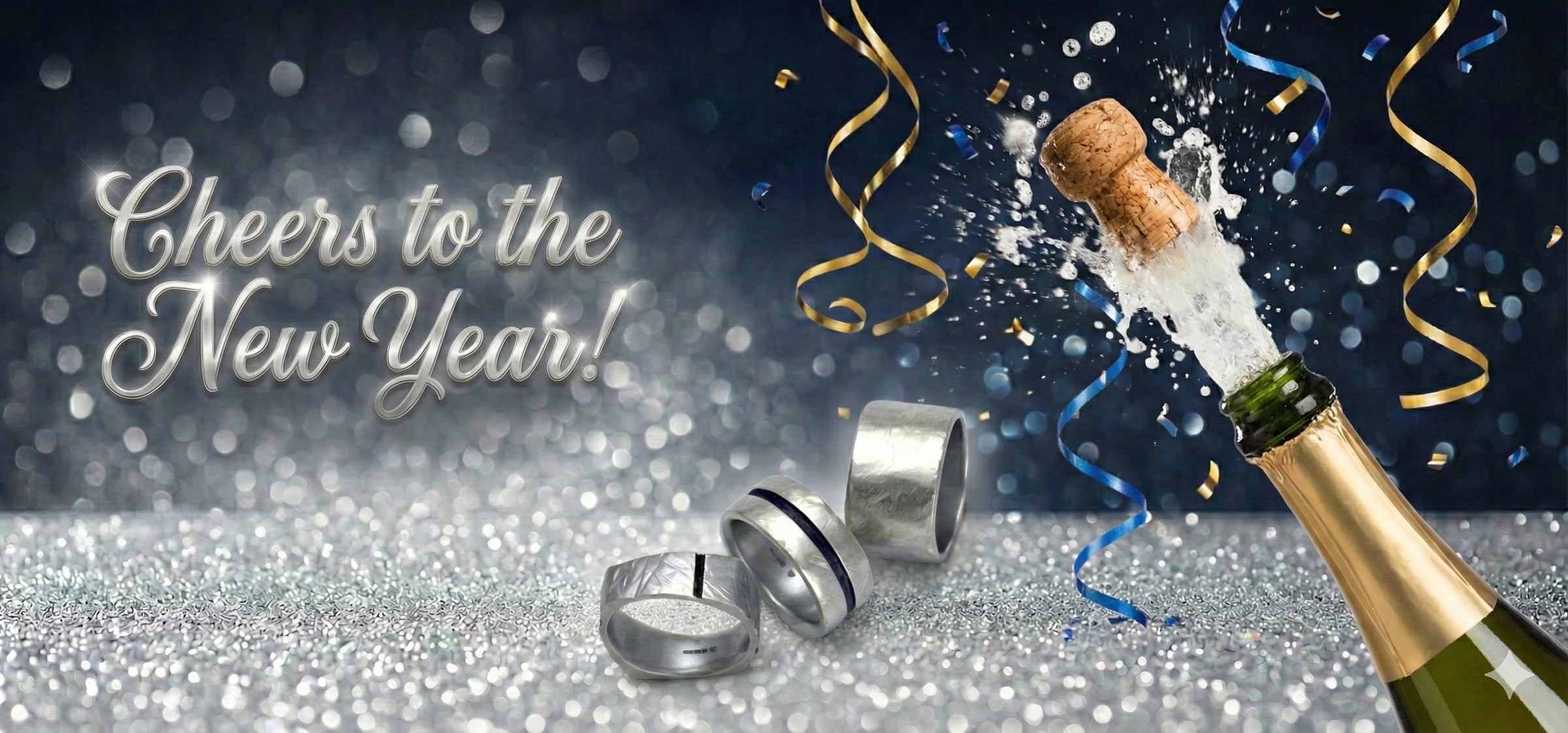 New Year's Eve celebration with champagne bottle, rings, and confetti on a festive background.