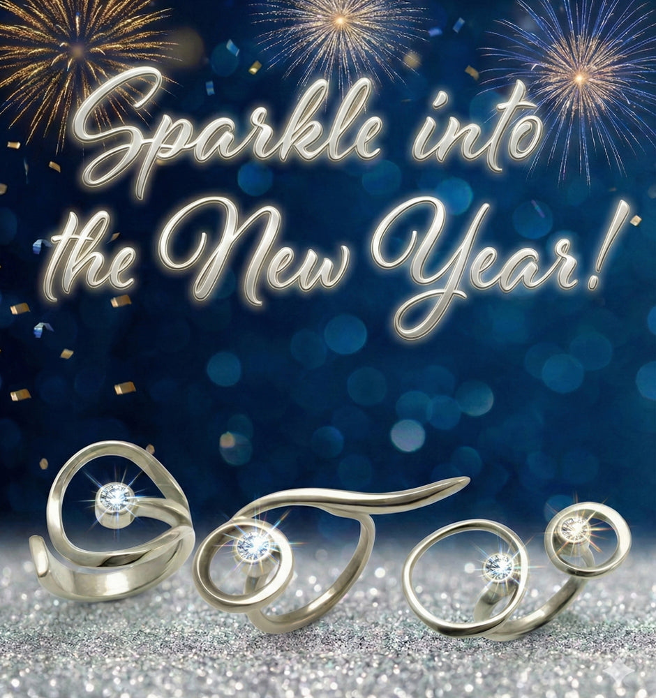 Silver jewelry with 'Sparkle into the New Year!' text and fireworks in the background