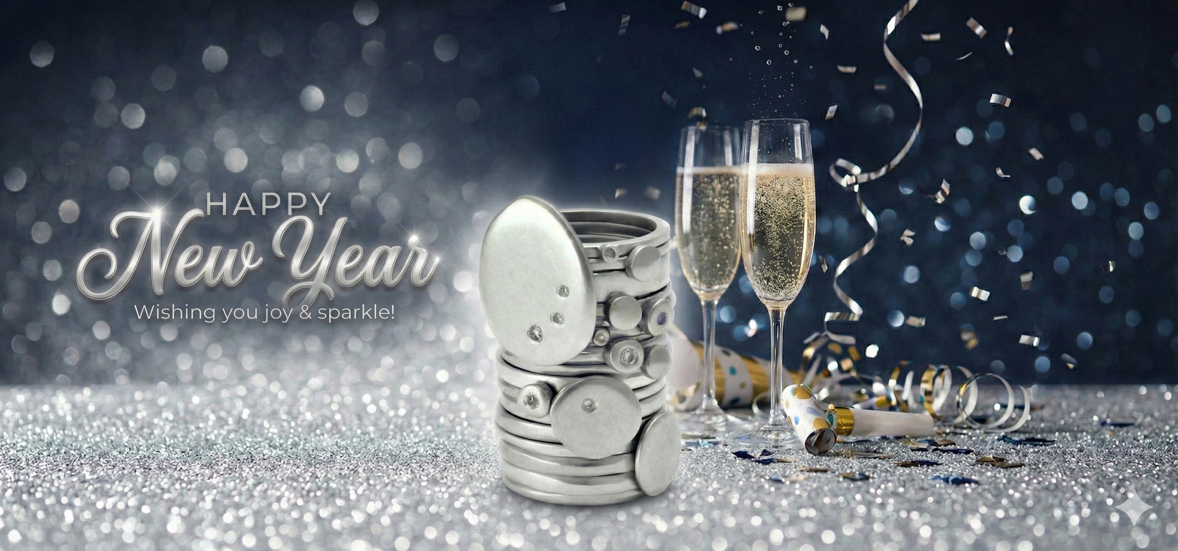 New Year's Eve celebration with champagne glasses, confetti, and a silver clock.