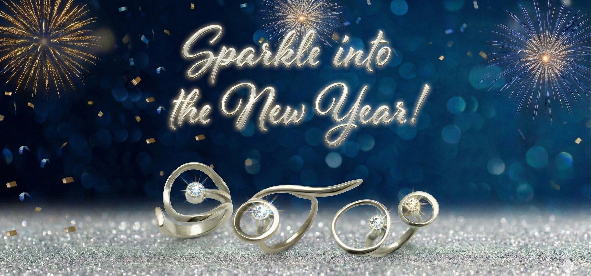 Silver earrings on a glittery surface with fireworks and 'Sparkle into the New Year!' text against a dark blue background.