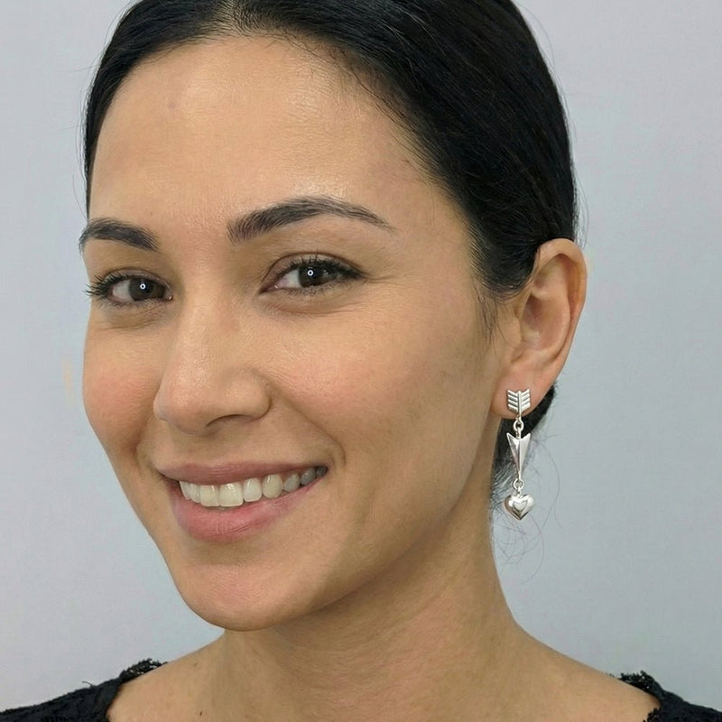 Arrow and Heart Large Dangly Stud Earrings | Artemis | Solid Sterling Silver - Annika Rutlin