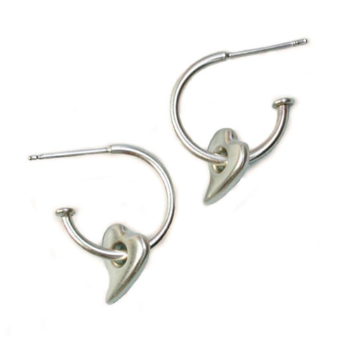 stud three quarter hoop earrings with dangly heart in solid silver