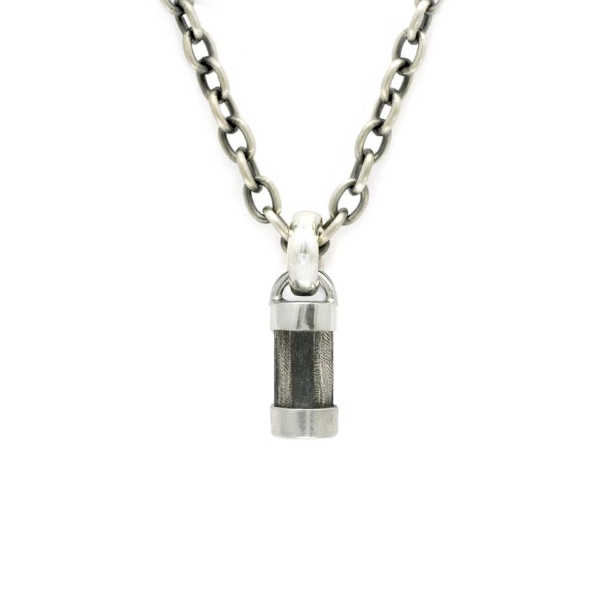 Inai heavy silver pillar style pendant with leather detail on heavy chain IN40C - Annika Rutlin