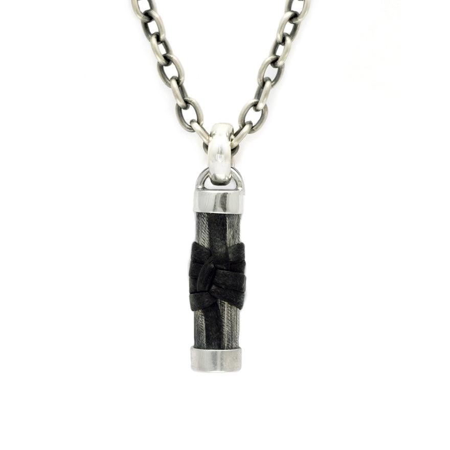 Inai heavy silver pillar style pendant with leather detail on heavy chain IN42C - Annika Rutlin