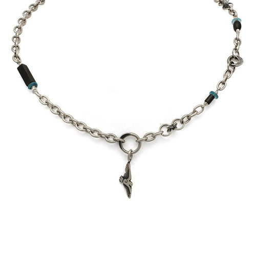 oxidised silver chain raven bird necklace with heamatite and apatite beads