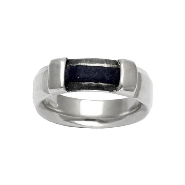 Solid silver textured mixed media leather ring rugged