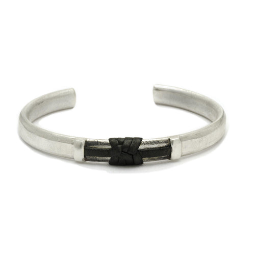 textured solid silver mens cuff bangle with leather detail