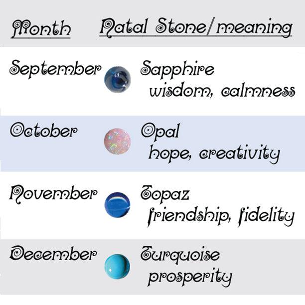 Annika Rutlin gemstone options representing months  September, October, November and December