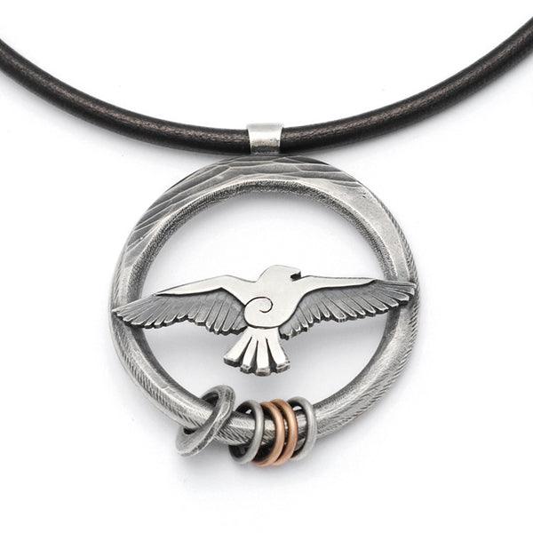 Raven large forged circle necklace with raven bird pendant on leather RN80L - Annika Rutlin