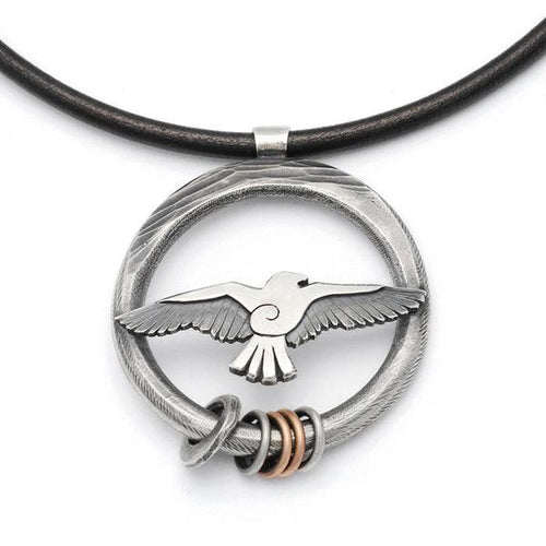 Raven large forged circle necklace with raven bird pendant on leather  RN80L - Annika Rutlin