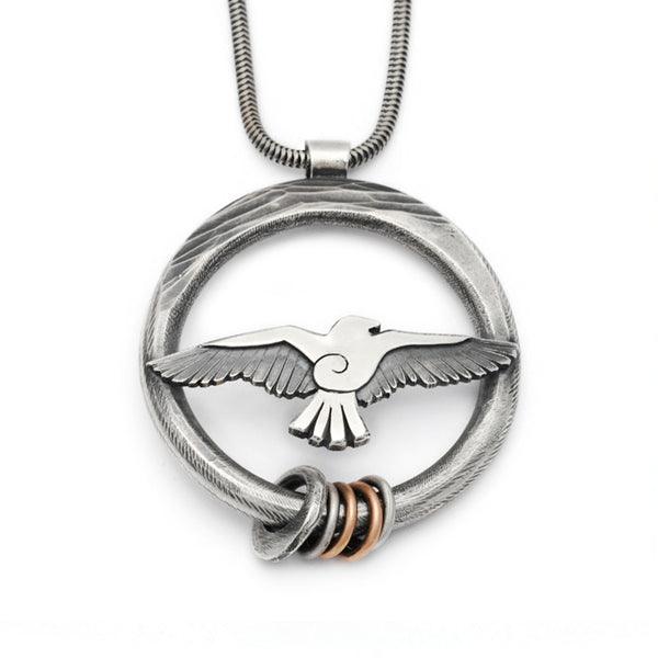 Raven large forged circle necklace with raven bird pendant on snake chain RN81S - Annika Rutlin