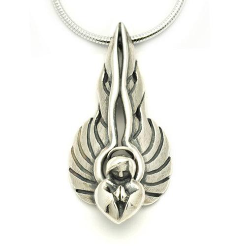 solid silver large flaming winged praying angel pendant