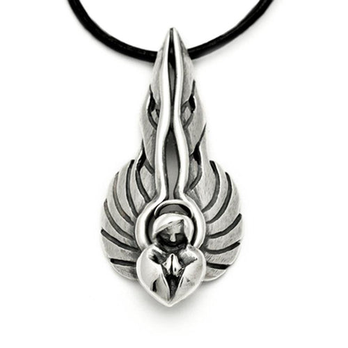 Dramatic sterling silver 46mm large fiery winged angel pendant on leather
