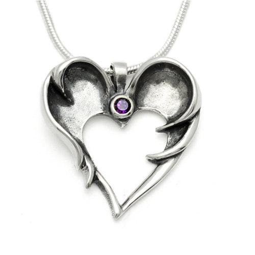 brilliant cut amethyst stone set dark angel wings sentimental silver pendant