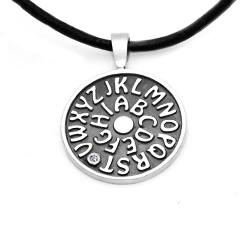 spiralled alphabet silver disc pendant with diamond instead of U