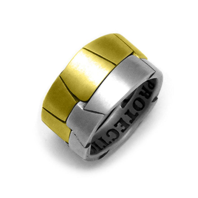 interlocked gold vermeil and silver armour plate like rings symbolising unity and strength