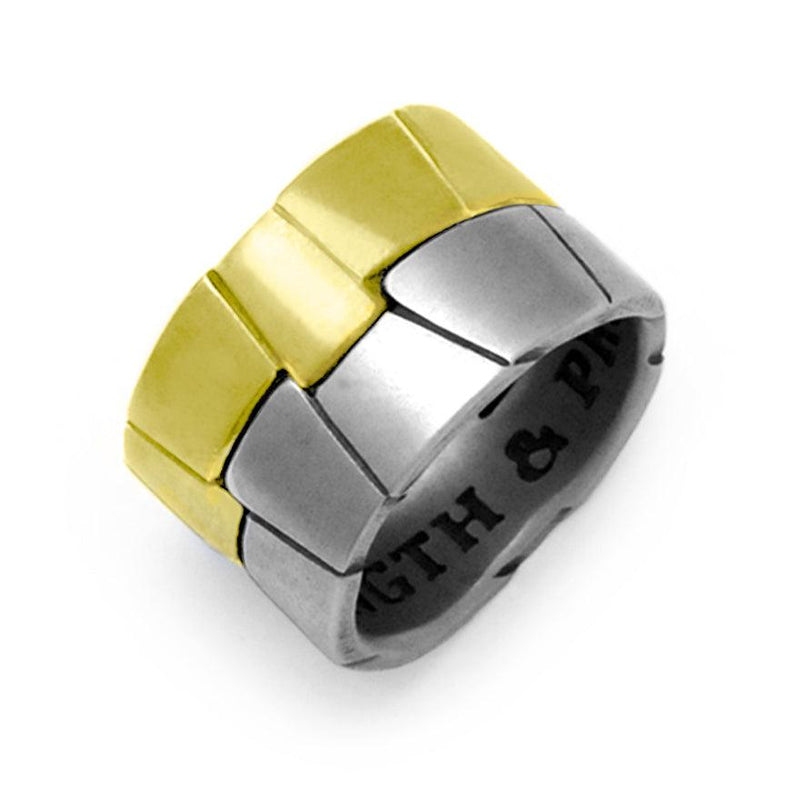 Interlocked armour plate puzzle ring in solid silver & gold vermeil