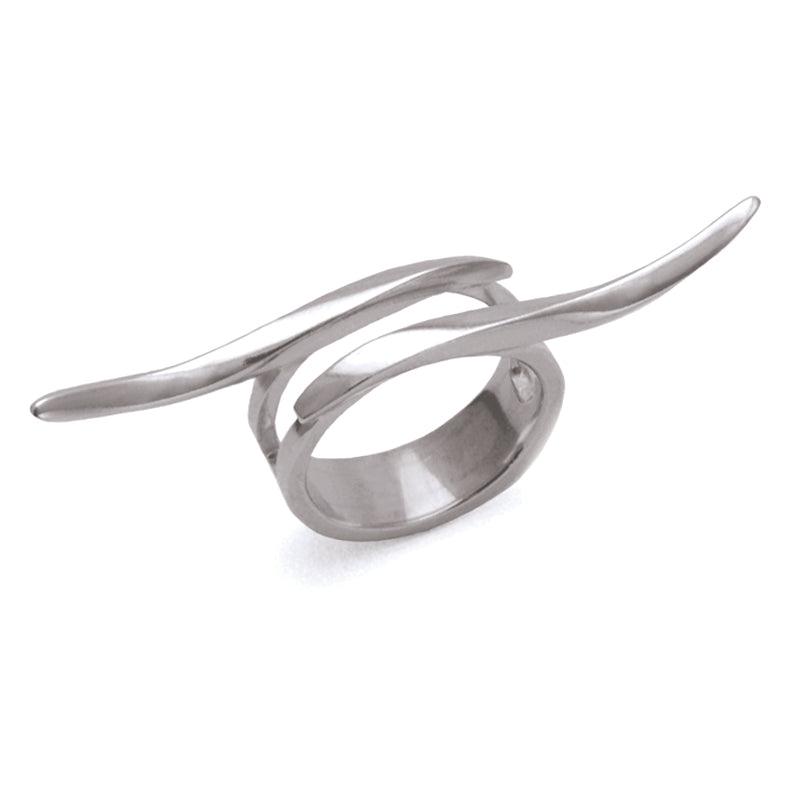 Unusual 3 finger crossing bar ring in silver by jeweller Annika Rutlin