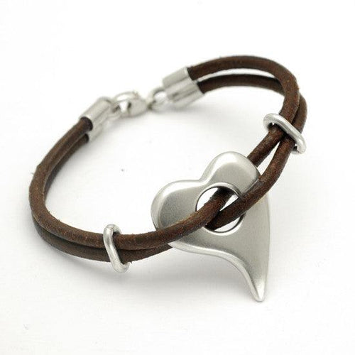 Amitie heart sterling silver pebble heart bracelet on leather