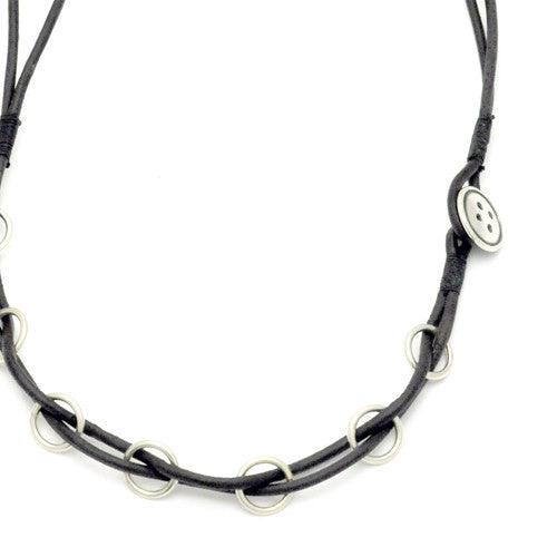Button silver & leather necklace BTN44L - Annika Rutlin