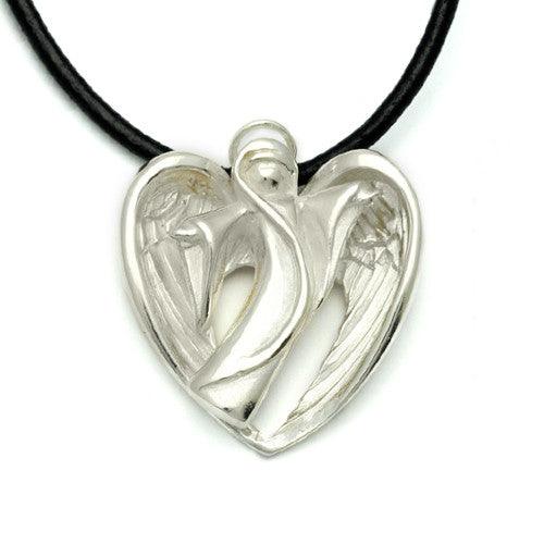 sculptured large silver feathered winged angel pendant on leather